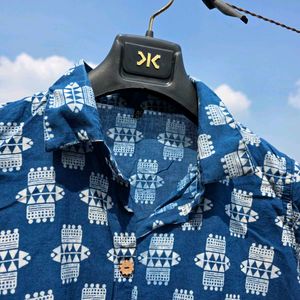 Blue Fish Print Cotton Kurta