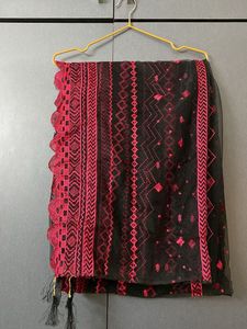 Black &amp; red Embroidered Kurta with dupatta
