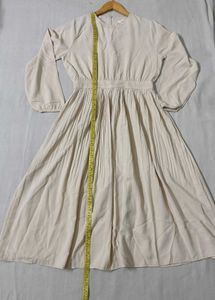 Korean Beige Pleated Midi Dress