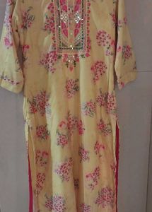 Yellow Floral Print Kurta with Mirror Work