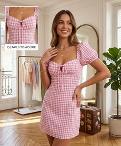 Pink Gingham Puff Sleeve Dress