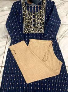 Floral Print Khadi Royal Blue Kurta With Pant