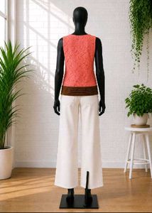 Coral Lace Sleeveless Top with Belt Detail