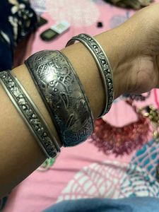 Silver Etched Bangle Set Combo Of 3