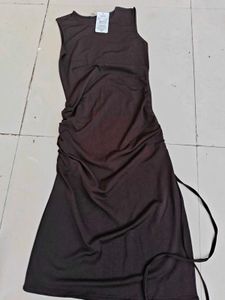 Chic Ruched Brown Midi Dress