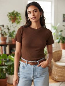 Brown Ribbed Short Sleeve Top