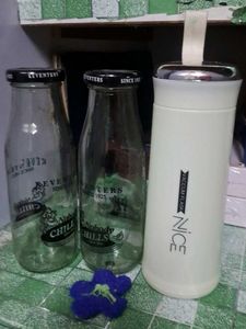 Set of 3 Glass Bottles &amp; Insulated Flask