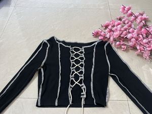 Black Lace-Up Ribbed Long Sleeve Top