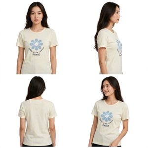 Cream T-Shirt with Blue Flower Graphic