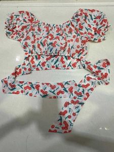 Cute Cherry Print Puff Sleeve Top