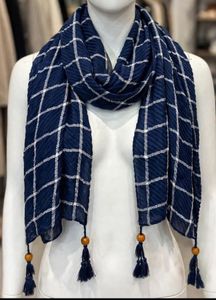 Navy Blue Plaid Scarf with Tassels