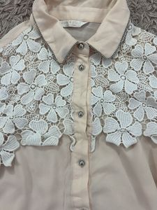 Sheer Lace Detail Button-Up Blouse