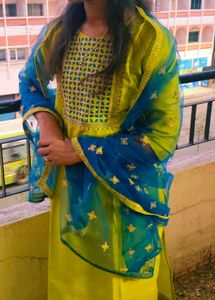 Vibrant Yellow &amp; Blue Indian Kurta Set