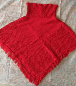 Red Knit Poncho with Tassel Fringe
