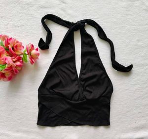 Black Ribbed Halter Crop Top