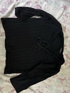 Black Tie-Neck Long Sleeve Top