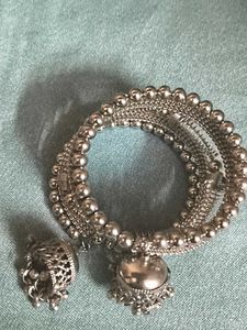Silver Toned Oxidised Jhumka Bracelet