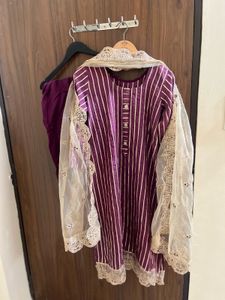 Purple Striped Kurta Set with Dupatta