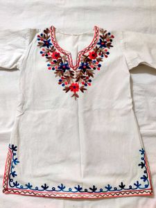 Embroidered White Cotton Kurta for girls age 6