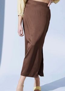 Brown Satin Pencil Midi Skirt
