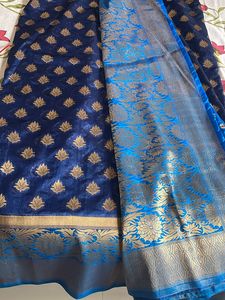 Silk Navy Blue With Sky Blu Border (with Blouse)