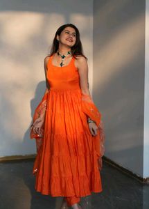 Stylum Orange Tiered backless anarkali set