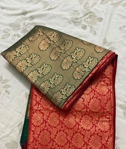 Elegant Green & Red Silk Saree(with blouse piece)