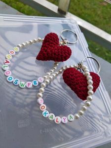 Personalized Crochet Heart Keychain with Pearl Wri