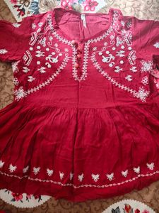 Embroidered Red Cotton Kurta