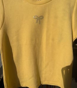 Yellow Ribbed Crop Top with Rhinestone Bow