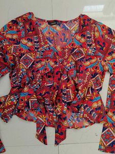 Boho Red Print Bell Sleeve Crop Top