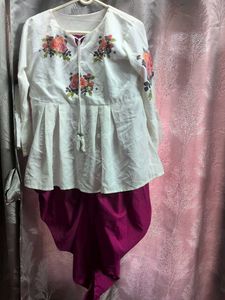 Floral Embroidered White Top & Dhoti Set