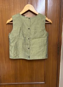 Olive Embroidered Silk Blouse/ Top