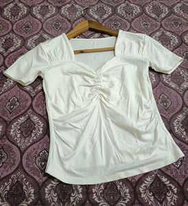 White Ruched Front Short Sleeve Top