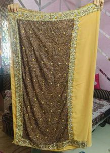 Beige &amp; Brown Handwork Saree &amp; Heavy Lace Borders