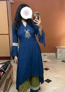Blue Asymmetric Kurti & Olive Green Sharara