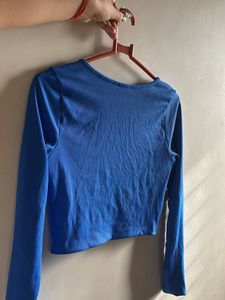 Ribbed Blue Square Neck Cropped Top