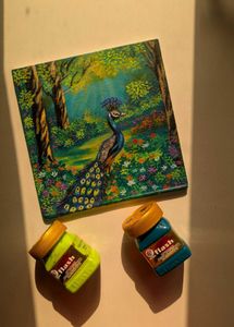 Mini peacock Landscape painting with wooden stand