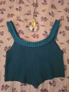 Teal Ribbed Crop Top with Ruffle Trim
