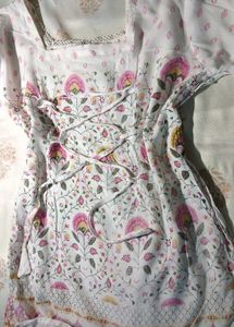 white &amp; pink floral printed lace kurti