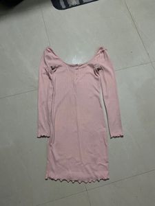 Ribbed Pink Long Sleeve Mini Dress