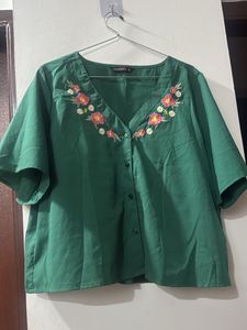 Green Embroidered V-Neck Blouse