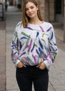Colorful Feather Print Sweater
