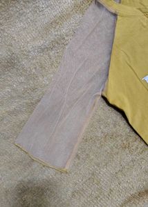 Mustard Graphic Tee with Sheer Mesh Sleeves