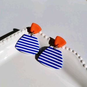 Blue & White Striped Geometric Earrings