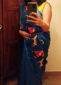 Royal Blue Net Saree With Red Yellow Embroidery