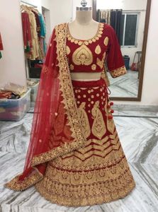 Bridal Red Velvet Lehenga Choli with Golden Embroi