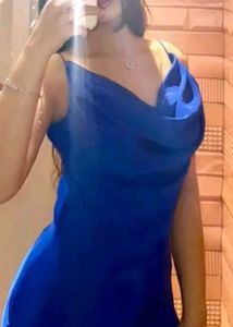 Elegant Navy Blue Satin Maxi Dress – Ruched Neckli