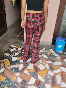 Trendy  Red Checkered Flared Trousers