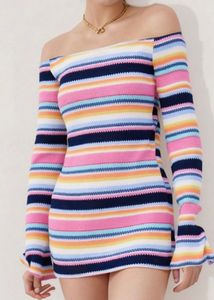 Off-Shoulder Striped Knit Dress